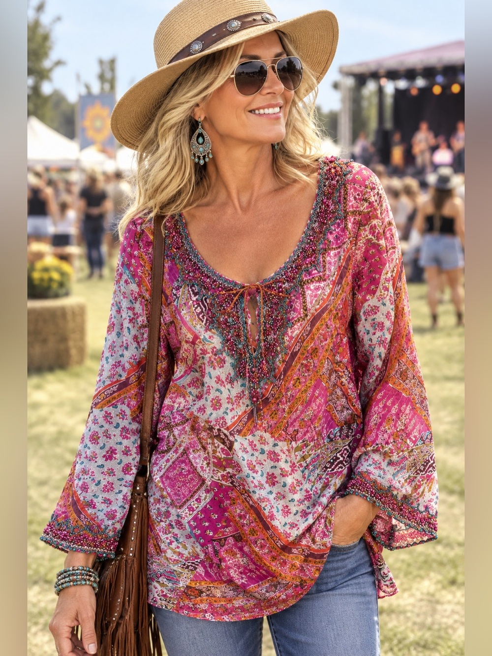 Vtg Dana Buchman 100% Silk Beaded Tunic Blouse Pink Patchwork Boho Sz 10
